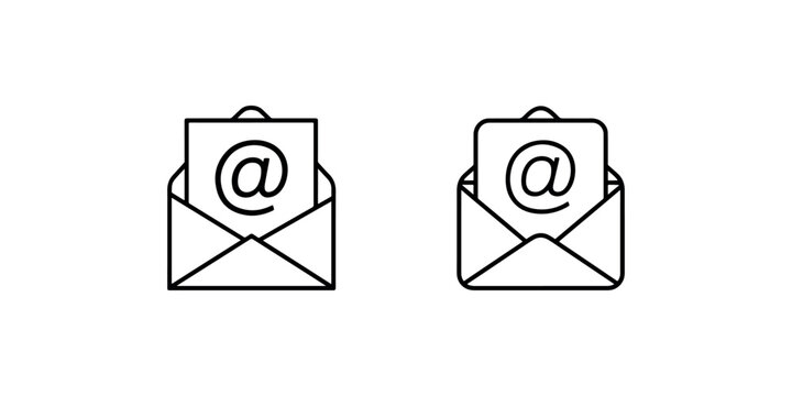 Email envelope icon with paper document and at symbol inside representing newsletter subscription and digital communication for online marketing service.