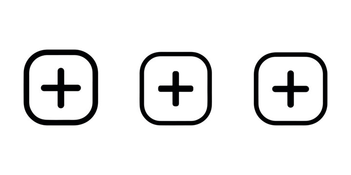 Plus icon set, collection of web symbols with addition sign, flat style vector illustration of rounded square buttons with plus sign.