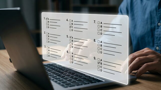Person taking online quiz with transparent questionnaire on laptop screen test