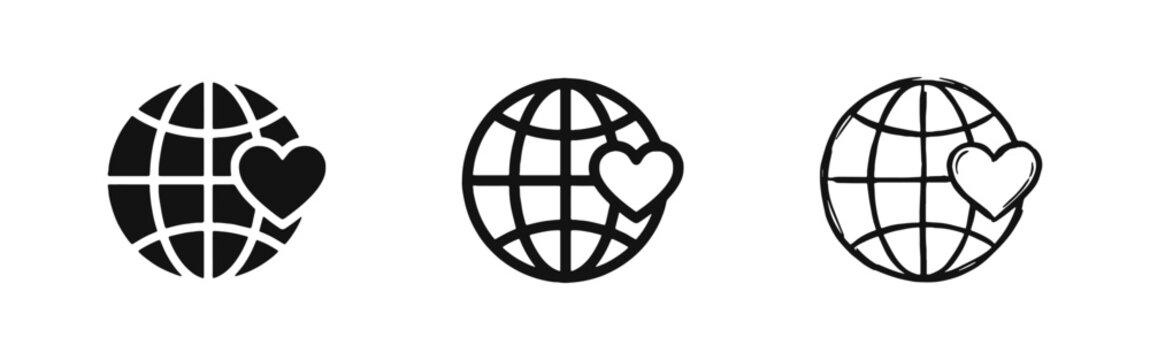 Globe with Heart Icon Set - World Peace and Environmental Love Symbols