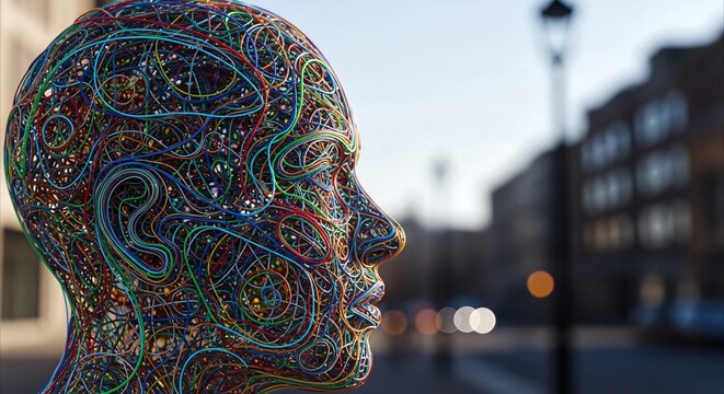 Abstract human head sculpture made of colorful entangled wires in an urban street, symbolizing digital connections and AI.