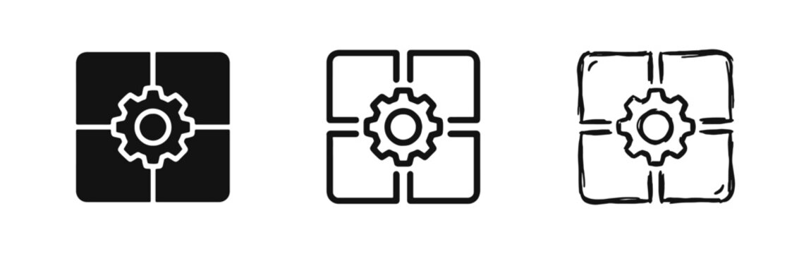 Modular Settings Gear Icon Set - System Configuration and Integration Symbols