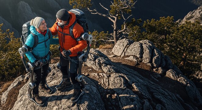 Elderly couple in advanced exoskeletons reaching mountain peak, symbolizing human enhancement and active aging in nature
