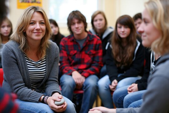 Facilitator leading conflict resolution circle with teenagers in classroom