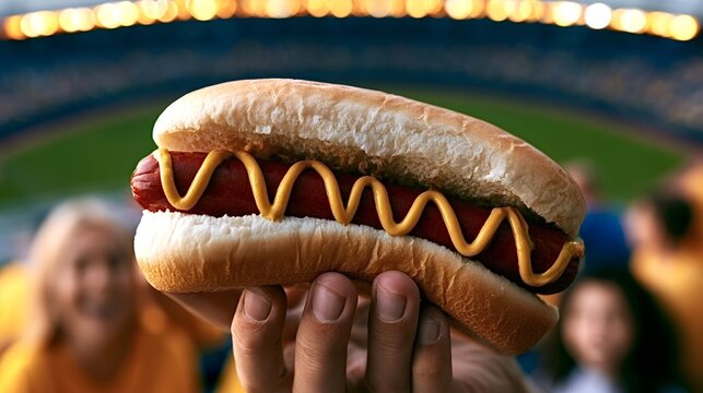 Hand holding a classic mustard topped hot dog in a warm bun at a blurred baseball stadium  a timeless concession snack enjoyed by fans during games and summer nights