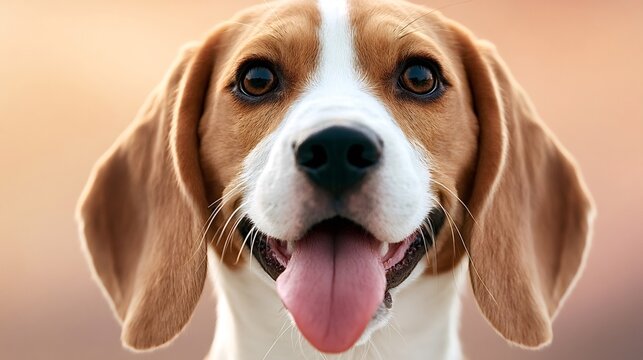 Cheerful beagle dog with brown and white fur, floppy ears, and soulful eyes happily panting with its tongue out, finding joy and companionship in a close up portrait
