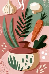 Fototapeta premium Cooking pot with vegetables and grains on pastel background
