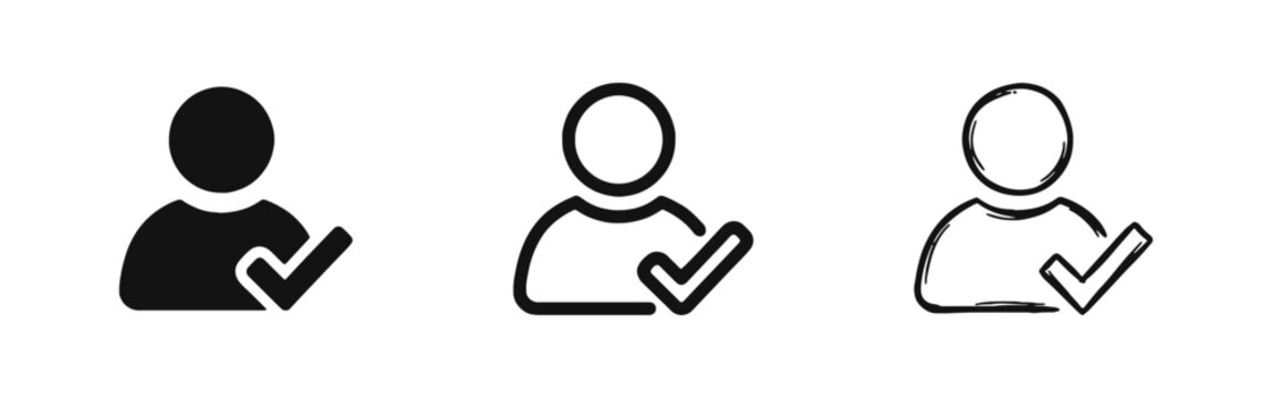 Verified user icon set. Approved profile, person confirmation, and account validation symbols.