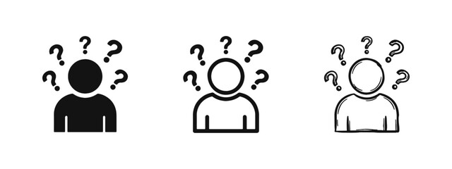 Confused person icon set with question marks for help and faq designs © drawing lines