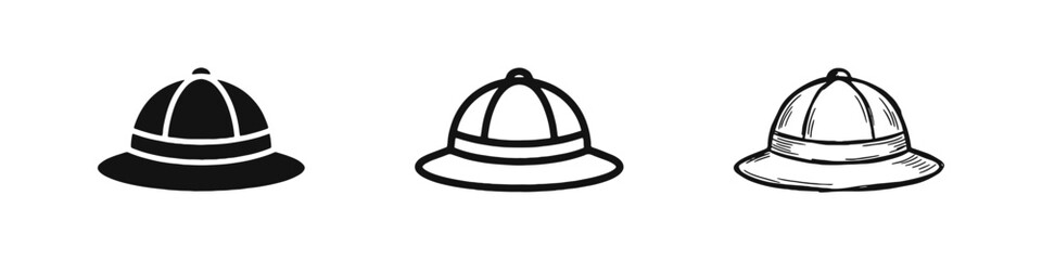Safari Pith Helmet Icons Set for Travel and Adventure Themes © drawing lines