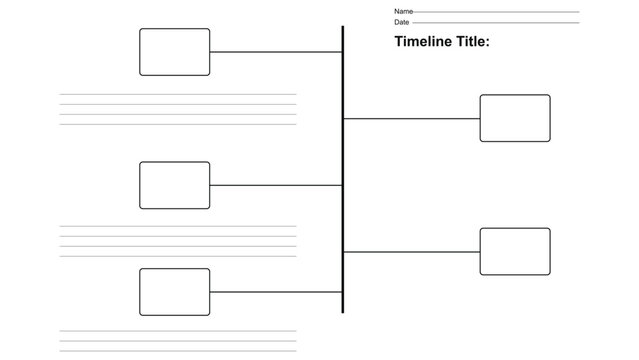 Minimalist timeline infographic template, blank educational worksheet with boxes and lines, black and white chronological organizer vector