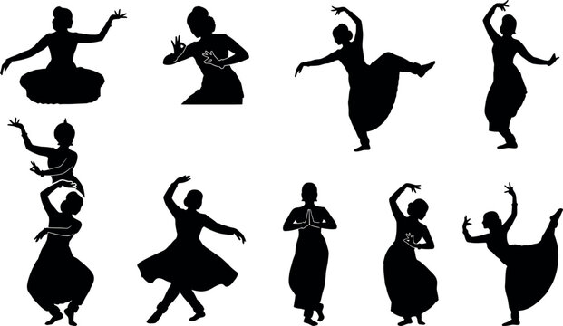 Collection of black silhouettes of women performing classical Indian dance poses dancer woman female