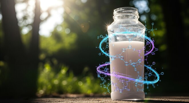 Clear protein shake bottle with glowing molecular structure in bright sunlight, symbolizing health and vitality