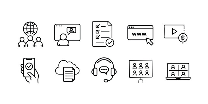 Online business communication web line icons set global team network video conference meeting online survey form web browsing click customer support headset & more vector illustration 