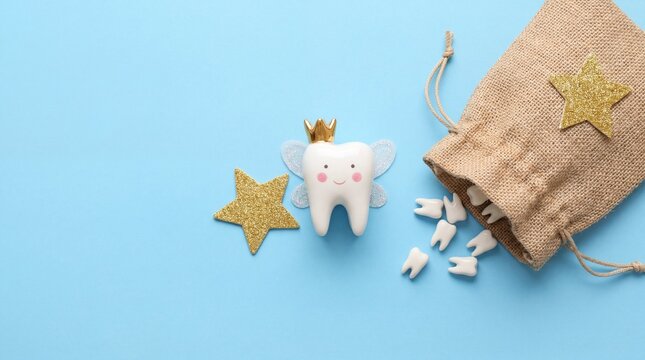 Tooth fairy character with a crown and wings next to a bag of teeth on a blue background. Childhood, tradition, tooth loss, magical concept.