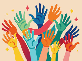 Fototapeta premium Colorful human hands raised up together in a diverse and happy community celebration illustration