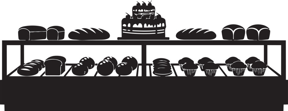 Black and white bakery display with cakes and pastries on shelves isolated on transparent background, Vector