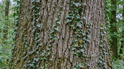 Obraz premium A close-up view of a tree trunk covered in ivy and moss in a forest