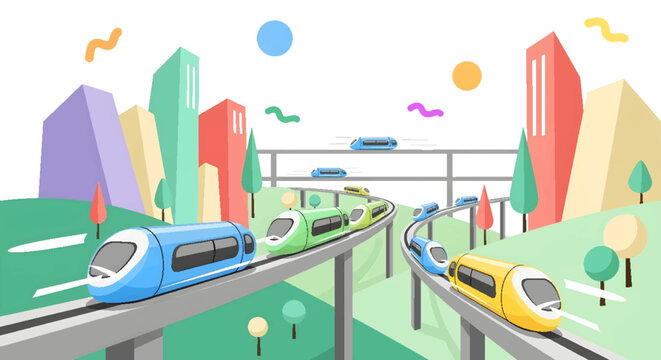 Futuristic monorail trains moving on elevated tracks through a modern city with colorful buildings and abstract shapes