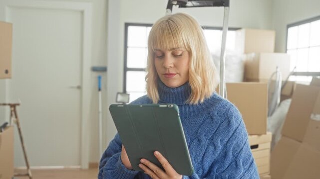 Woman holds tablet checking inventory while seated on a ladder amid packed moving boxes in a building; relocation planning calm.