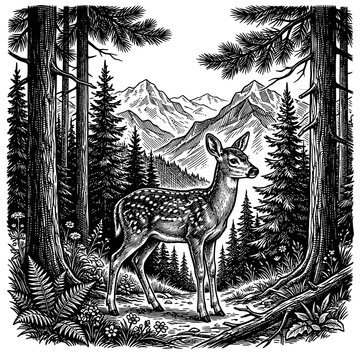 Fawn standing in lush woodland with mountain backdrop vintage woodcut engraving style illustration creates detailed nature scenery for artistic prints or rustic wall decor.