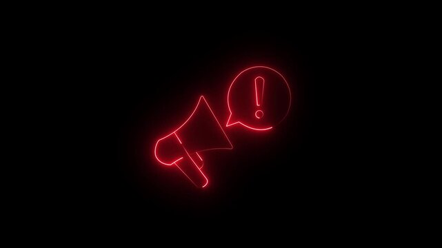 bright blue neon Loudspeaker and speech bubble with exclamation mark. Important announcement, warning. glowing neon linear icon isolated .4k motion video .