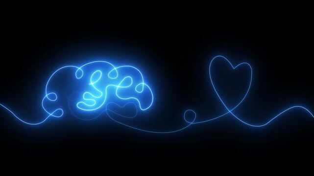 Glowing red neon Brain with heart inside. One line drawing. symbolizing balance of mind and feelings, psychology, emotional intelligence, love, mental health, connection of logic and emotion.4k motion