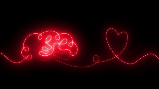 Glowing red neon Brain with heart inside. One line drawing. symbolizing balance of mind and feelings, psychology, emotional intelligence, love, mental health, connection of logic and emotion.4k motion