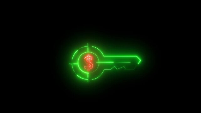 The key to a financial goal. glowing neon Set of financial key icons isolated on black background. full credit dollar neon dollar symbol.neon key icon.4k video animation.