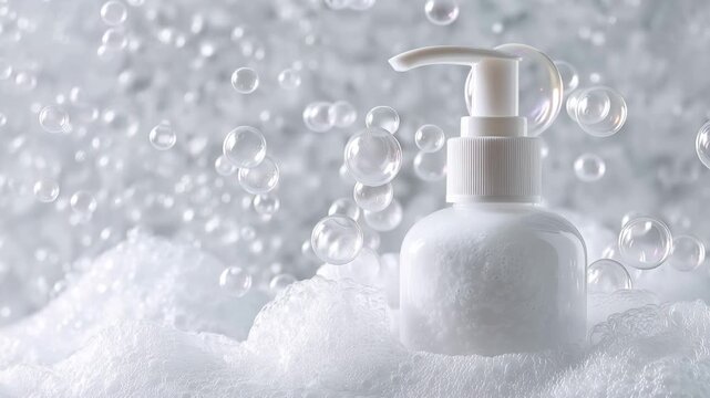 Clean white pump bottle filled with liquid soap foam on a surface with bubbles during daylight inside a bright space