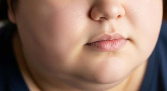Plus-size young woman with double chin in soft lighting