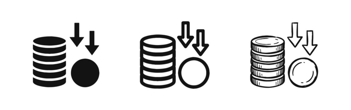 Cost Reduction and Financial Loss Icons, Coin Stack with Down Arrow Symbols