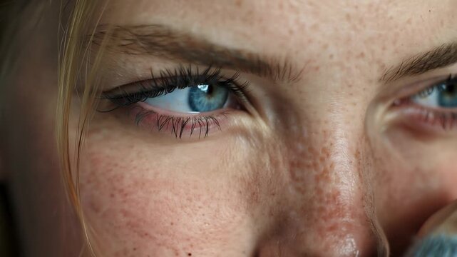 Young woman with blue eyes looks directly at the camera during a close-up shot in a bright setting