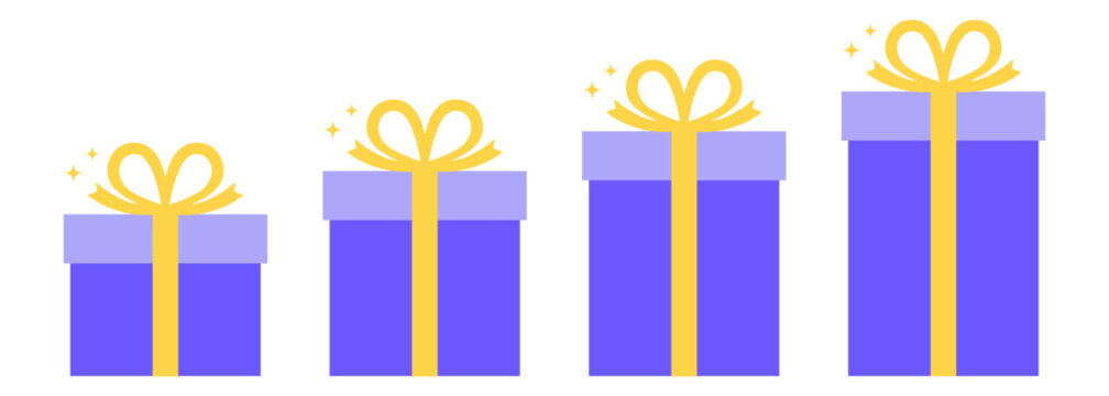 Purple gifts present box cartoon icon clipart with beautiful yellow ribbon and stars flat drawing vector on transparent background
