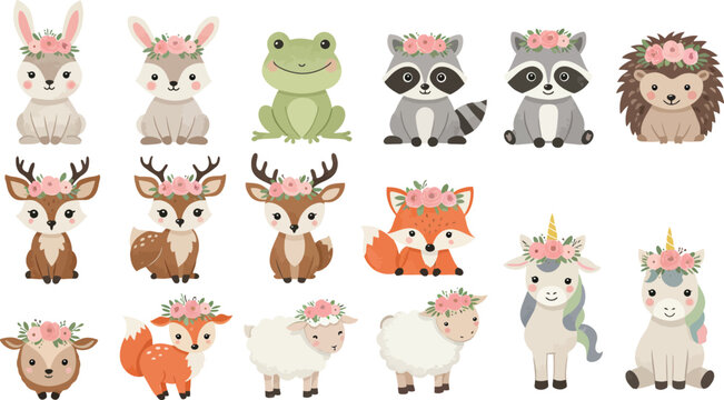 Cute cartoon animals wearing crowns and party hats on white background for kids party decoration or celebration