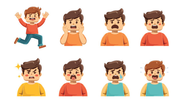 Emotional Spectrum: A collection of expressions, from joy to sadness, portrayed on a young boy, each reflecting distinct states of mind. This illustration encapsulates the breadth of human feeling.