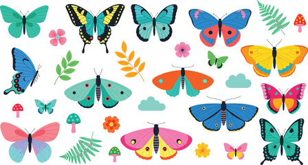 Fototapeta premium Colorful butterflies and leaves on white background for design and decoration ideas