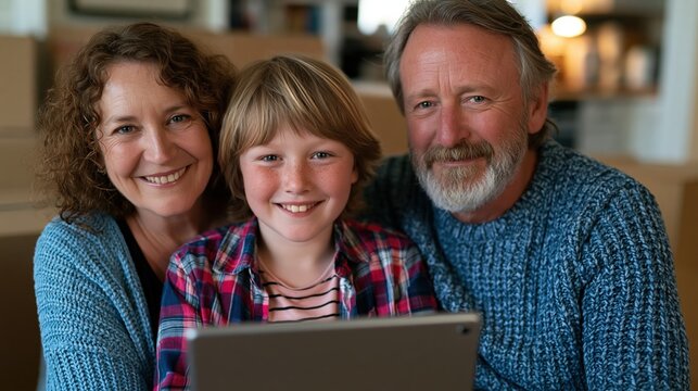 Family video calling relatives on tablet while moving to new home