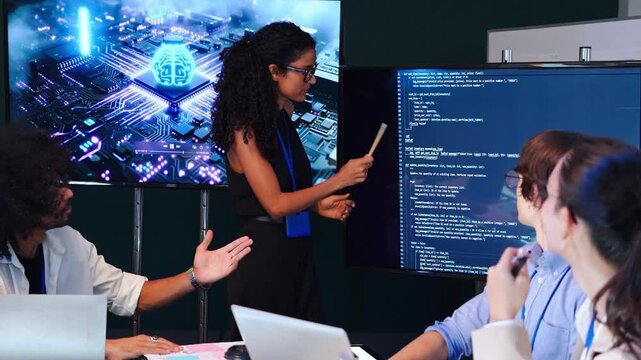 Smart female educator holding pencil and pointing at artificial intelligence coding on monitor screen. Professional tech experts brainstorming software development and digital database management