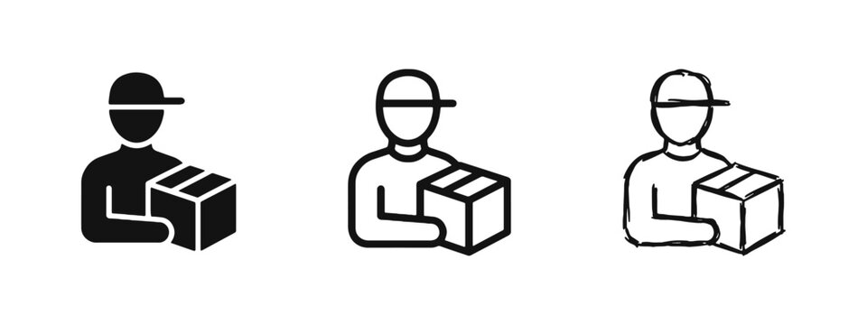 Delivery man holding cardboard box icon set, shipping, logistics and courier service concept.