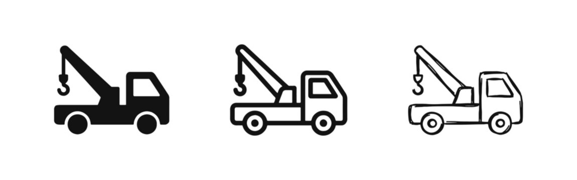 Tow truck or recovery vehicle icon set, roadside assistance and vehicle transport concept.