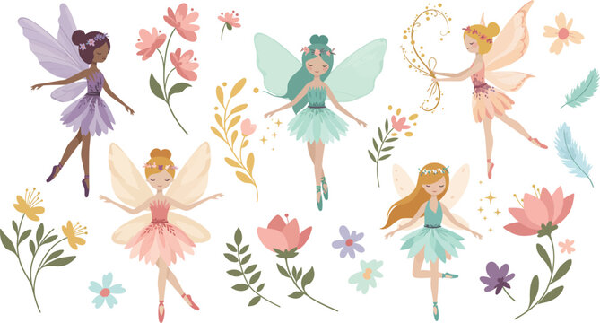 Whimsical colorful illustration of four dancing fairies surrounded by flowers and leaves in pastel hues with delicate wings and wands