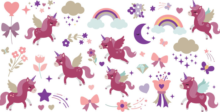 Whimsical illustration of pink unicorns and magical elements on white background for kids or fantasy themes in various pastel colors