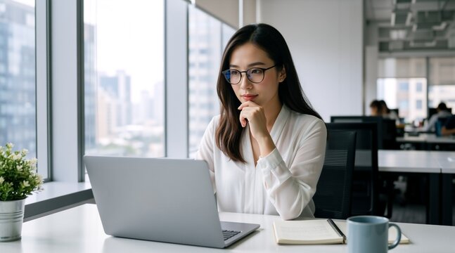 Asian businesswoman with glasses thinking while looking at laptop screen. Focused female corporate employee working at desk in modern office. Problem solving and business strategy concept
