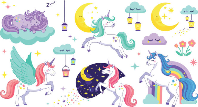 Colorful whimsical unicorns and fantasy elements in a dreamy magical scene with moons clouds and rainbows in pastel hues