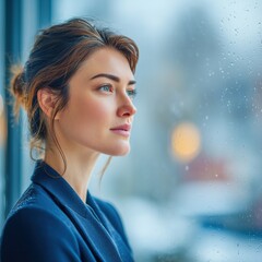 Fototapeta premium Introspective professional gazing out rainy office window on a moody day