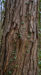 Fototapeta premium A close-up view of a tree trunk with ivy growing up its rugged bark in a natural setting.