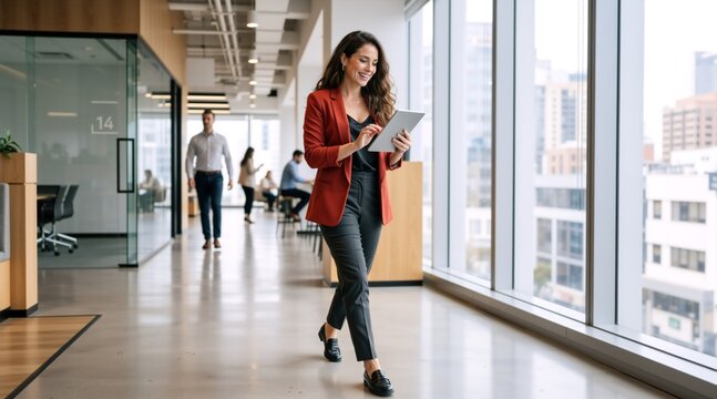 Businesswoman in red blazer walking through a modern office hallway using a tablet. Professional woman on the move in a bright corporate workplace. Productivity and technology concept