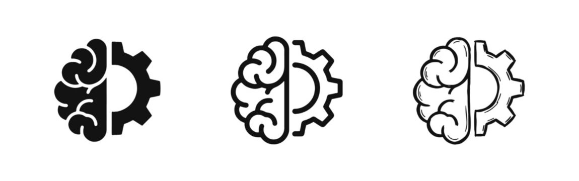 Brain and gear representing mindset and technology icon set in solid, outline and hand drawn sketch styles