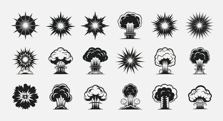 Various explosion icons are illustrated in black on a white background. © uzumaki